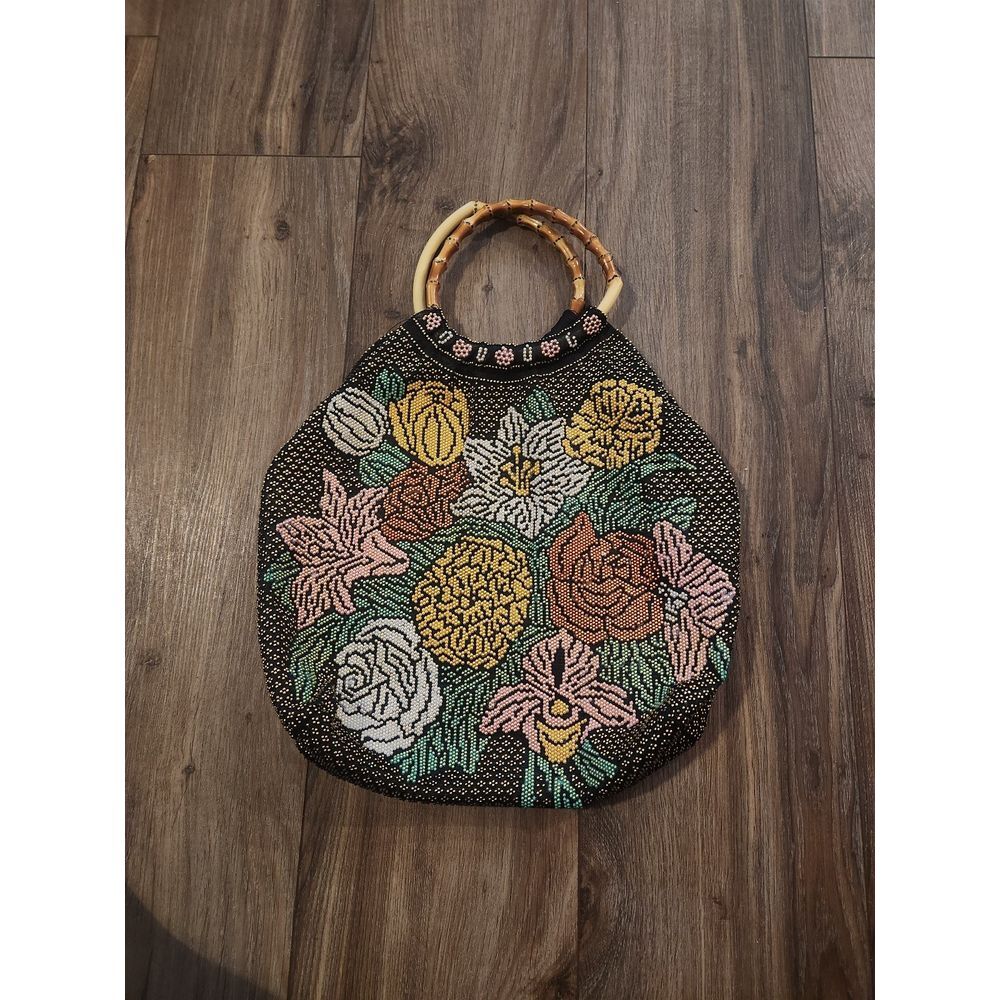 Vintage Micro Bead Floral Bag with Bamboo Style Handles‎
